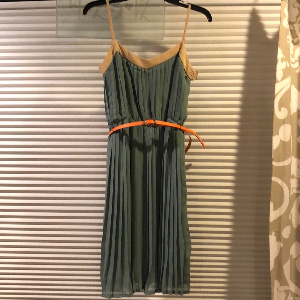 Sage colored cocktail dress with belt